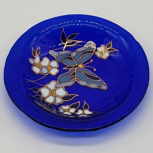 Signed Blue Cobalt Enameled Hand Painted Butterfly Floral Art Glass Trinket Dish - Picture 4 of 9